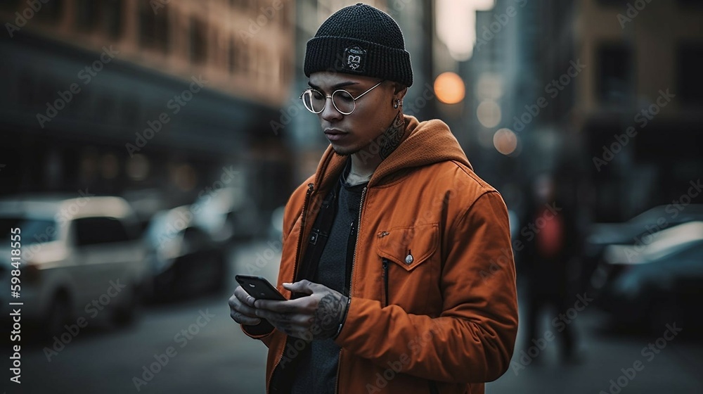Man with orange jacket and glasses looking down at his phone while standing on the street. Man with orange jacket and glasses looking down at his phone while standing on the street.