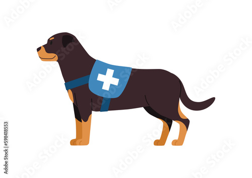 Rescue and emergency dog in vest with cross, flat vector illustration isolated on white background.