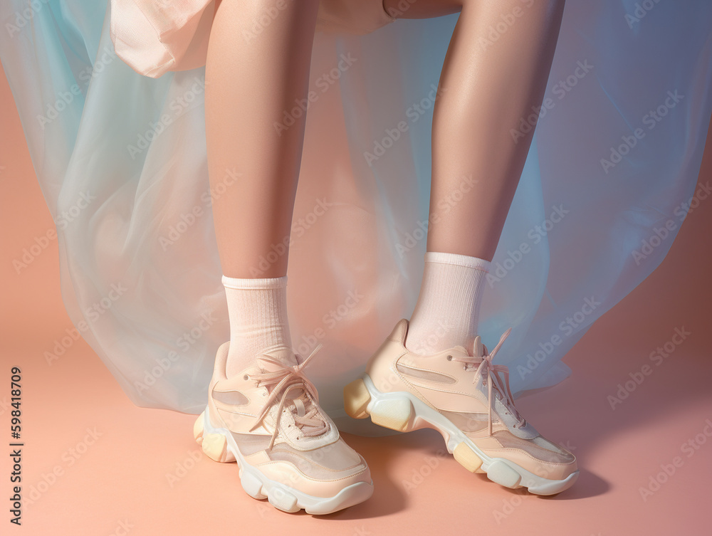Female legs in fashionable sneakers. AI generated image.