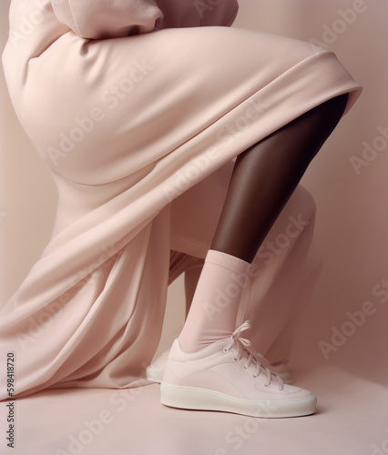 Female legs in fashionable sneakers. AI generated image.