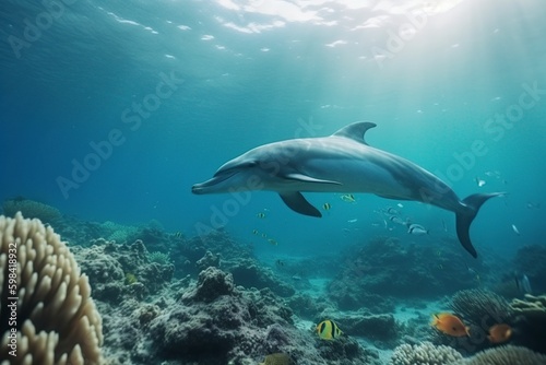 illustration, dolphins swimming under the sea,generative ai © Jorge Ferreiro