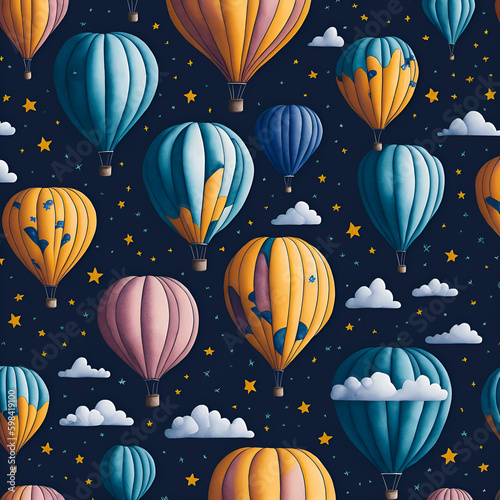 Seamless pattern of a colorful hot air balloon painted in watercolor, with  clouds, stars, created with generative AI © mina709