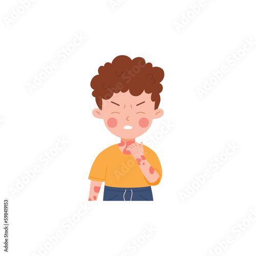 Child with skin signs of dermatitis or allergy, flat vector illustration isolated.