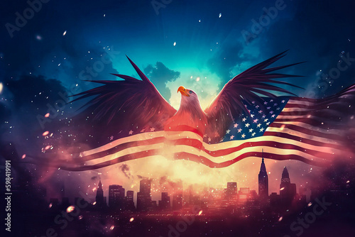 Eagle and flag united state of America on sky background. Independence day. Generative AI © zamuruev