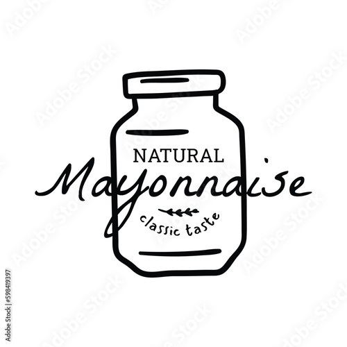 Mayonnaise Typography Sign Thin Line Badge Label. Vector illustration of Natural Mayo Jar Promotion Concept
