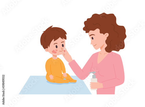 Smiling kid boy having atopic dermatitis rash on cheeks flat style