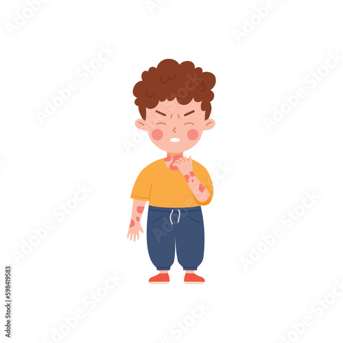 Stressed child boy having itchy spots of atopic dermatitis flat style