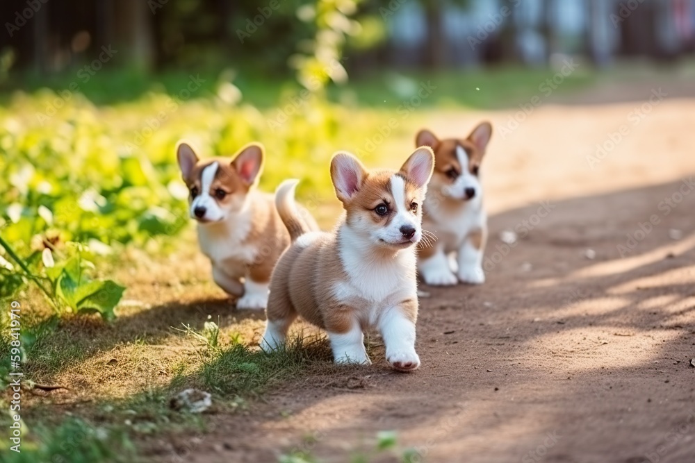 illustration, puppies in the summer park, ai generative