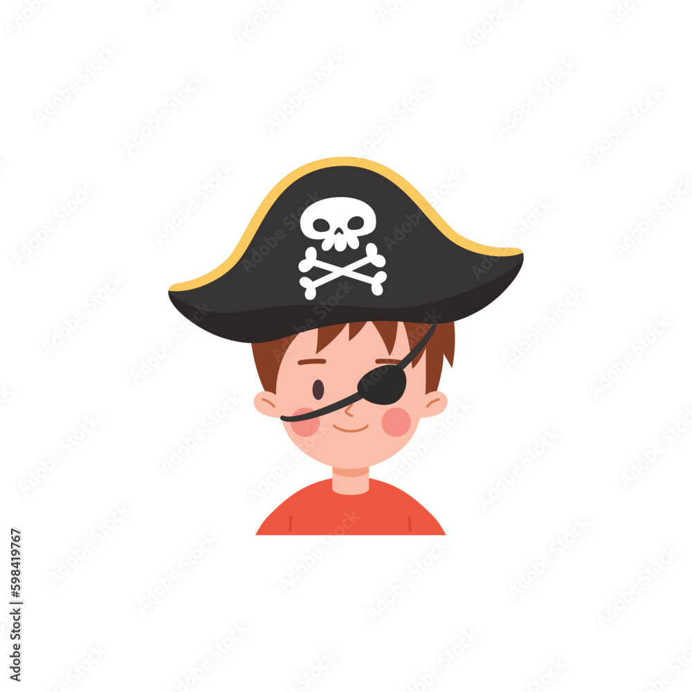 Cute little boy in pirate hat and eye patch, cartoon flat vector illustration isolated on white background. Cute little boy in pirate hat and eye patch, cartoon flat vector illustration isolated on white background.