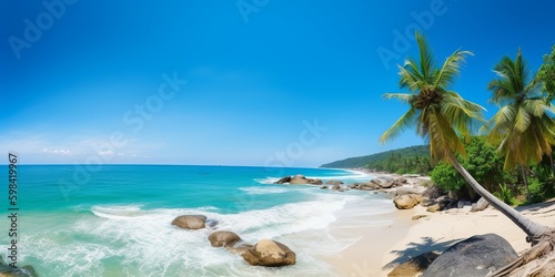 Beautiful tropical eaches and sea on blue background for wallpaper design. Travel background. Tropical beach.