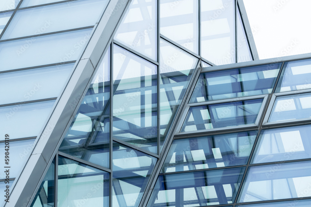 Obraz premium Metal structure supporting glass roof in shopping mall, office building or greenhouse. Modern building glass roof metal frame construction