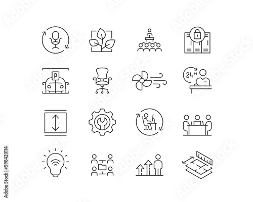 Commercial Property USPs Icon set containing 16 editable stroke icons. Perfect for logos, stats and infographics. Edit the thickness of the line in Adobe Illustrator (or any vector capable app).