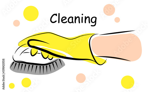 A gloved hand holds a brush. Vector illustration isolated on white background. Housekeeping and cleanliness