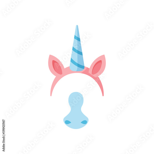Unicorn headgear and nose carnival mask, flat vector illustration isolated.