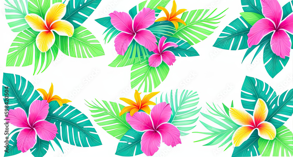 Tropical flowers on a white background Generative AI