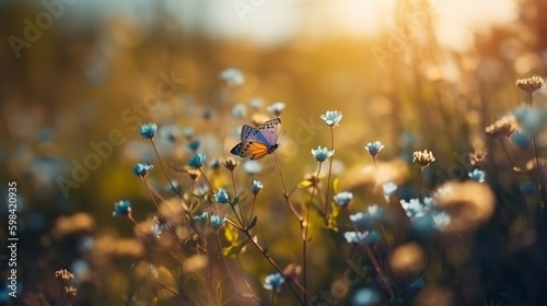 Beautiful butterfly blurred spring, great design for any purposes. Blurred background. Green nature. Garden nature. Colorful illustration. Spring banner.