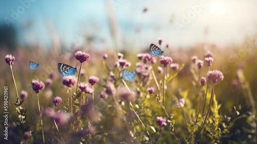Beautiful butterfly blurred spring, great design for any purposes. Blurred background. Green nature. Garden nature. Colorful  illustration. Spring banner. © imagemir