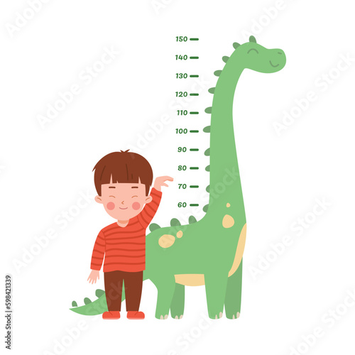Child next to height meter scale in shape of dino, vector illustration isolated.