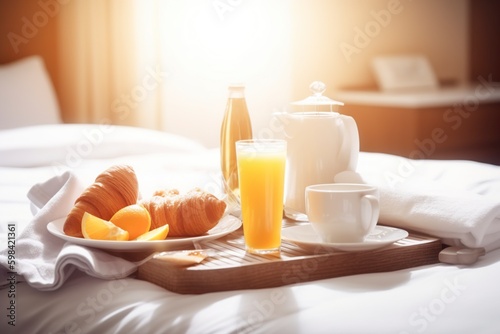 illustration  breakfast in bed in a hotel  ai generative