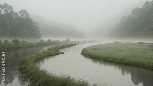Mystical Misty River at Dawn Generative AI