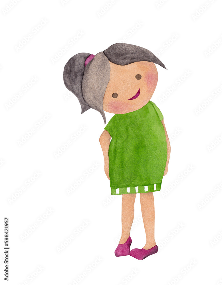 Happy cute little girl in green birthday dress. Isolated watercolor illustration Happy cute little girl in green birthday dress. Isolated watercolor illustration