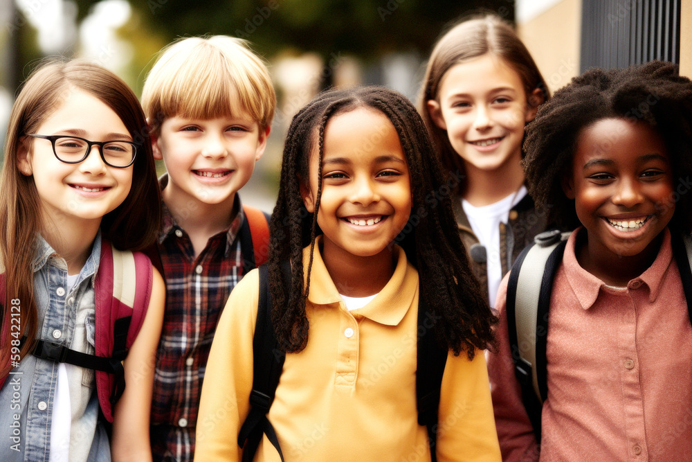 A diverse group of children, United as best friends, stand united in front of their school,  all smiles and laughter, embracing friendship, joy, and innocence beyond race. Generative AI