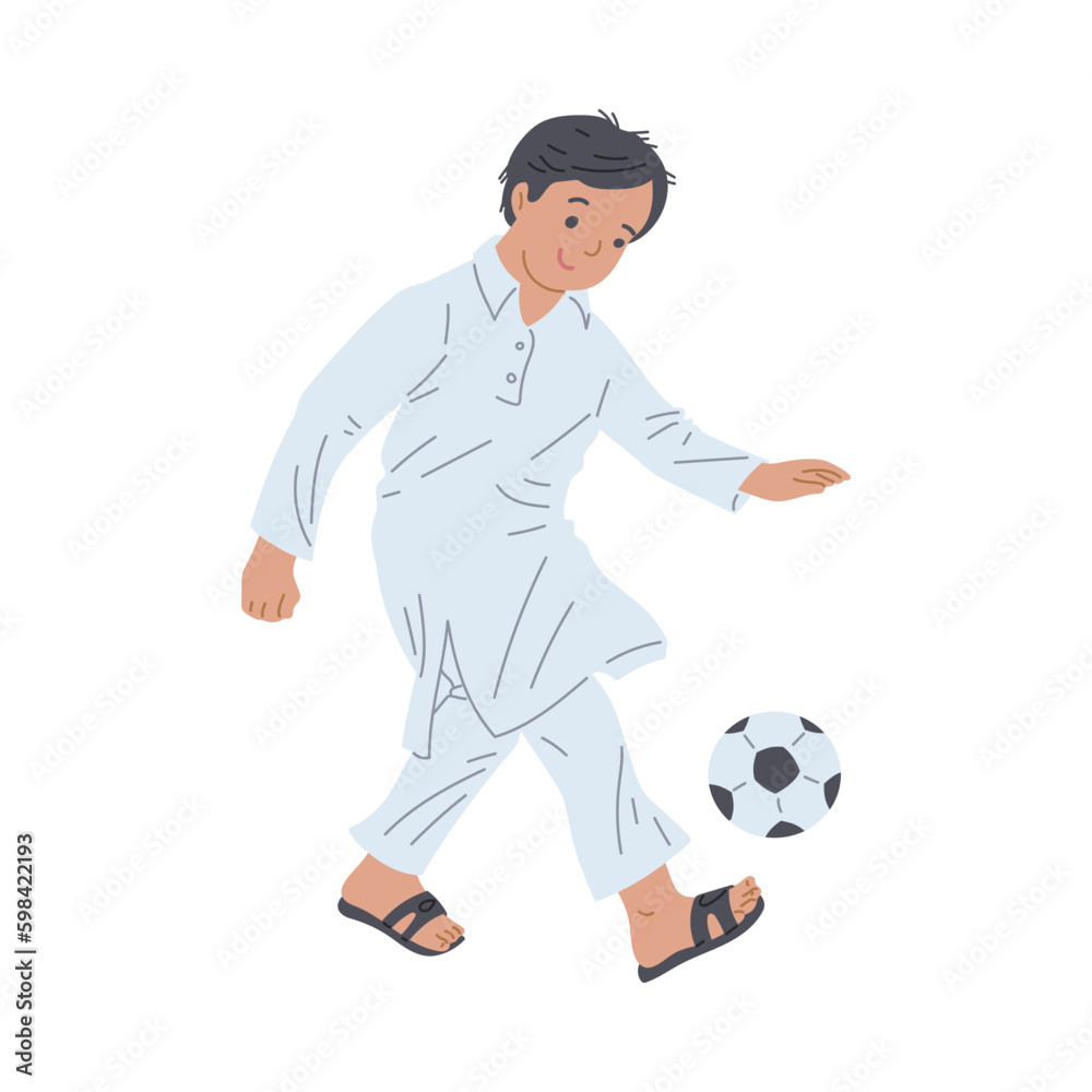 Happy arab boy playing football game, flat vector illustration isolated on white background.
