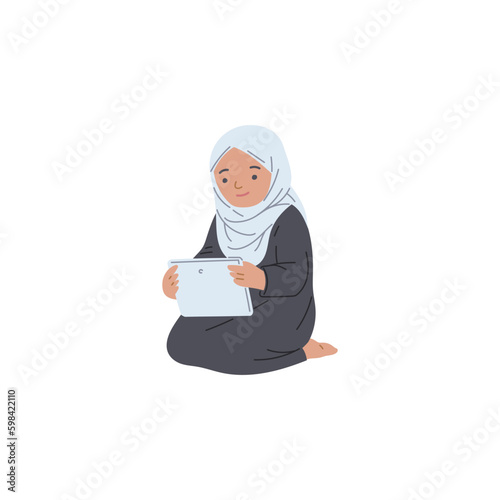 Arabic Muslim kid girl sitting with tablet, flat vector illustration isolated.