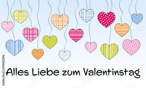 Alles Liebe zum Valentinstag - Schriftzug in deutscher Sprache. Grußkarte mit einem Himmel voller pastellfarbener Herzen.