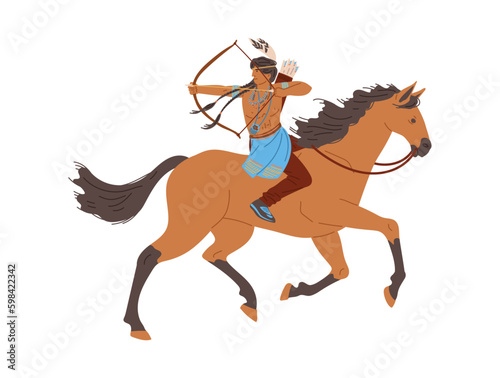 American Indian man on horseback draws bowstring flat style