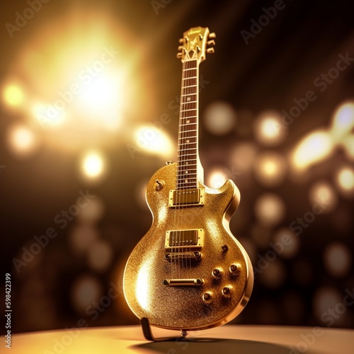 A gold guitar on dark background, music festival day. Generative AI, Generative, AI