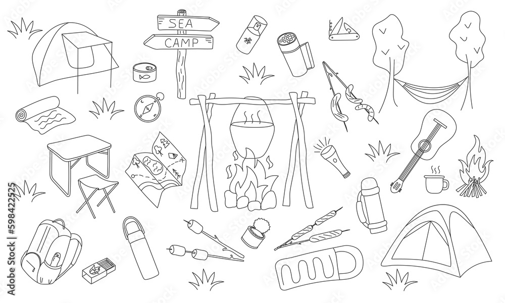 Doodle camping set. Hand drawn outline hiking elements.Vector adventure equipment collection. Outdoor activities concept Doodle camping set. Hand drawn outline hiking elements.Vector adventure equipment collection. Outdoor activities concept