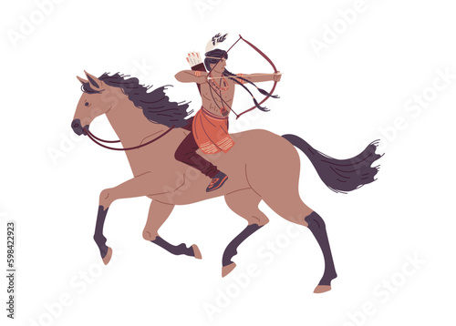 American Indian man riding on horse and drawing string of bow flat style © sabelskaya