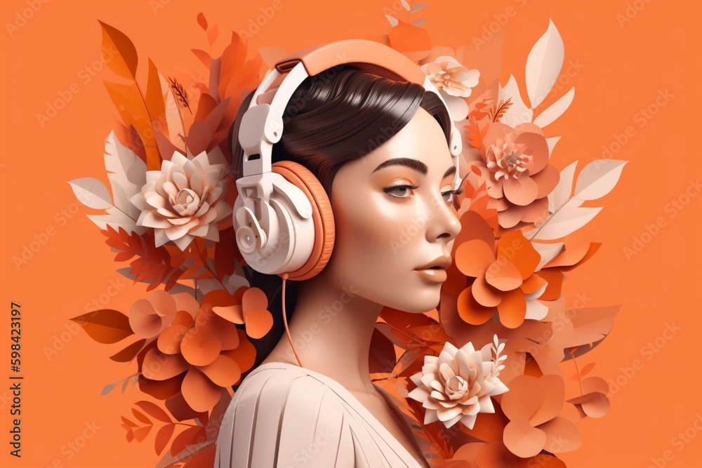 Fototapeta premium A beautiful woman wearing headphones with ornament flowers background, music festival day. Generative AI, Generative, AI