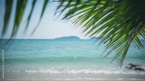 Tropical summer seascape with palm leaves, beach and paradise ocean. Vacation and travel backdrop. Generative AI