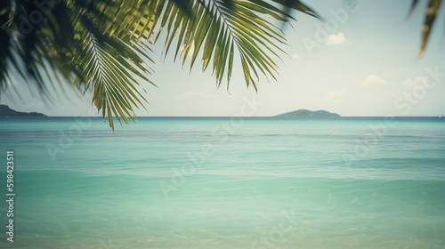 Tropical summer seascape with palm leaves  beach and paradise ocean. Vacation and travel backdrop. Generative AI