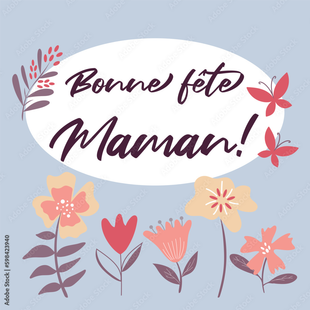 Cute design of greeting card for Mother's day in french. Illustration with hand drawn flowers in pastel colors. Generative AI