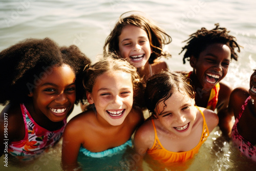 On a sunny beach, diverse children gather, their laughter filling the air. United by friendship, they enjoy the sun, sand, and sea, showcasing pure joy, friendship knows no race. Generative AI