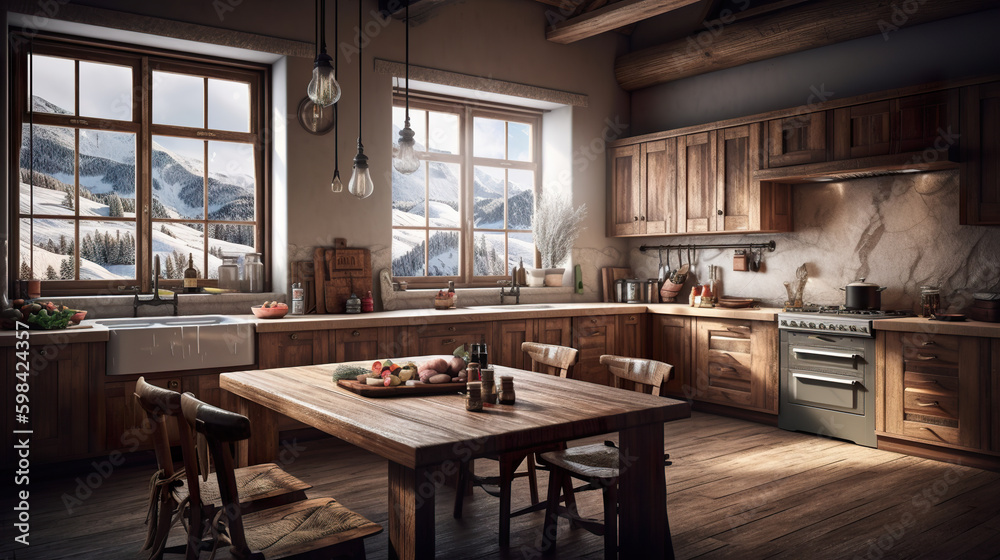 A kitchen with a wooden table and chairs. AI generative. Norway house