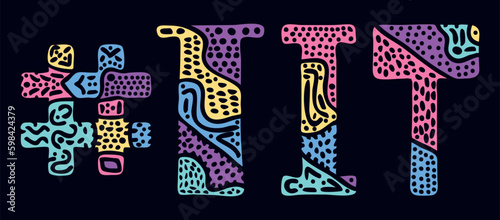 TIT Hashtag. Multicolored bright isolate curves doodle letters with ornament. Popular Hashtag #TIT for social network, Adult resources, mobile apps.