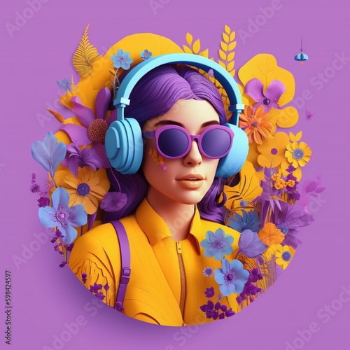 Wallpaper Mural A beautiful woman wearing headphones with ornament flowers background, music festival day. Generative AI, Generative, AI Torontodigital.ca