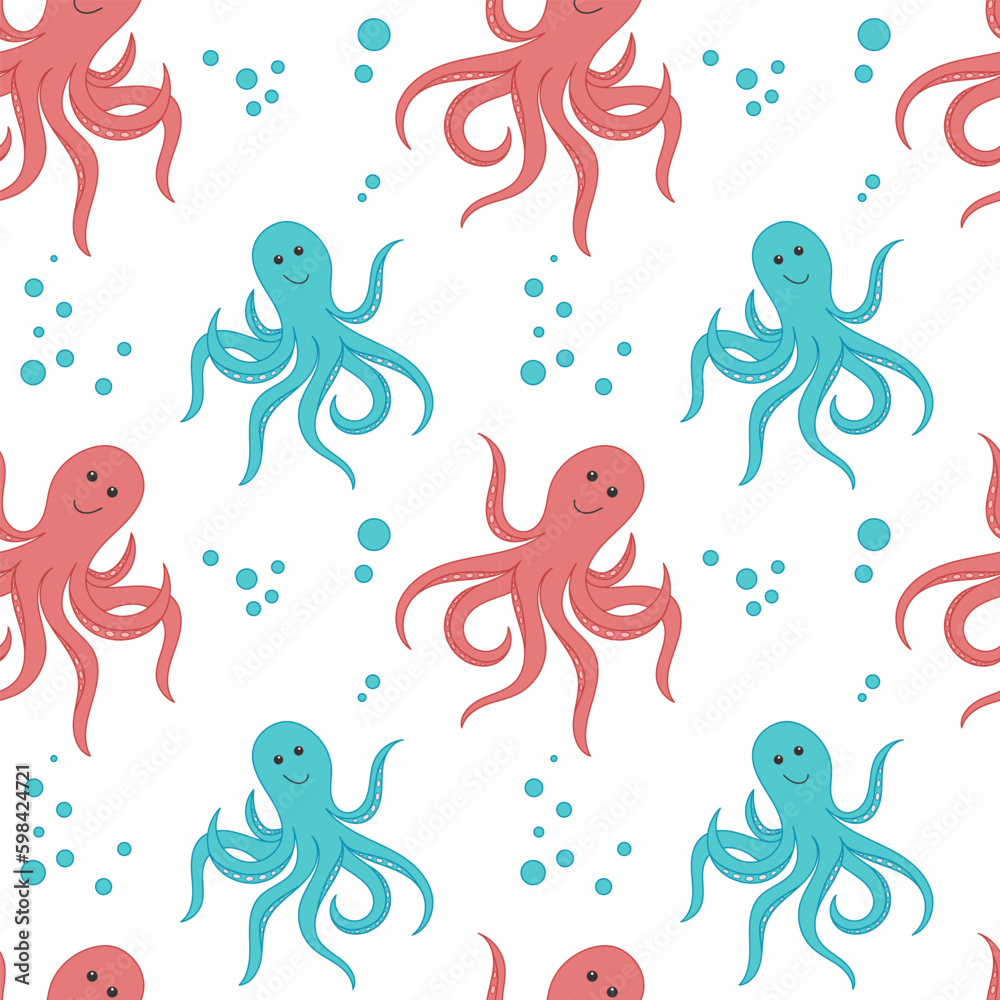 Seamless pattern of the underwater world. Cartoon swimmiing octopus background. Great for printing on fabric, covers, wallpapers, flyers