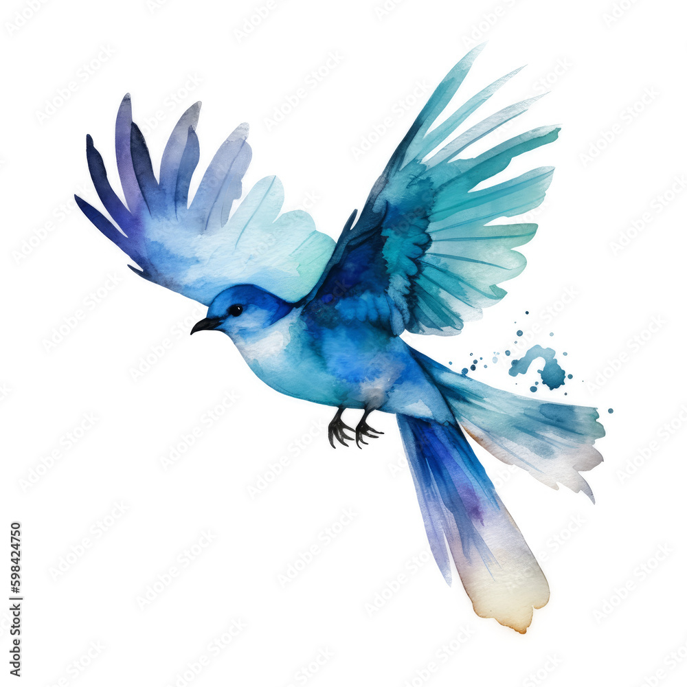 Obraz premium Watercolor blue bird. Illustration AI Generative.