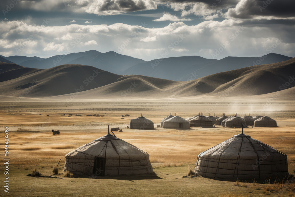 Monoglia Yurt Gert in Mongolian Valley, Stunning Scenic Landscape Wallpaper, Generative AI