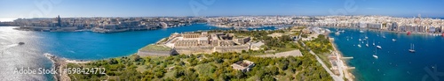 Panoramic aerial view of Valletta, Sliema, Birgu in Malta island.