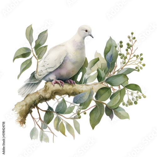 Watercolor white dove and olive branche Illustration AI Generative.