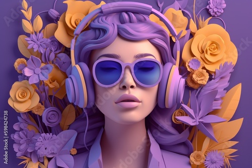 A beautiful woman wearing headphones with ornament flowers background, music festival day. Generative AI, Generative, AI © nonblok
