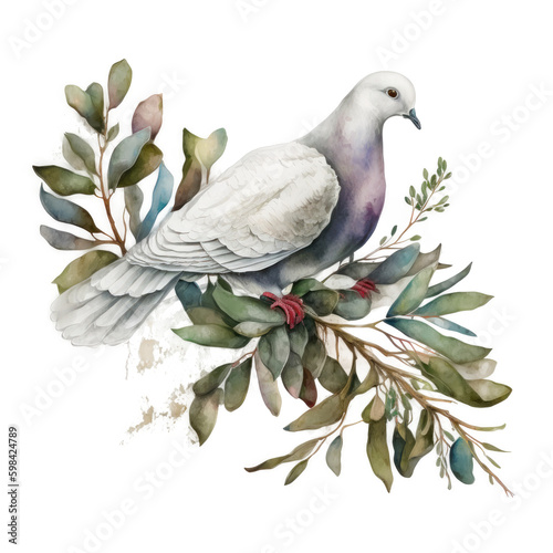 Watercolor white dove and olive branche Illustration AI Generative.