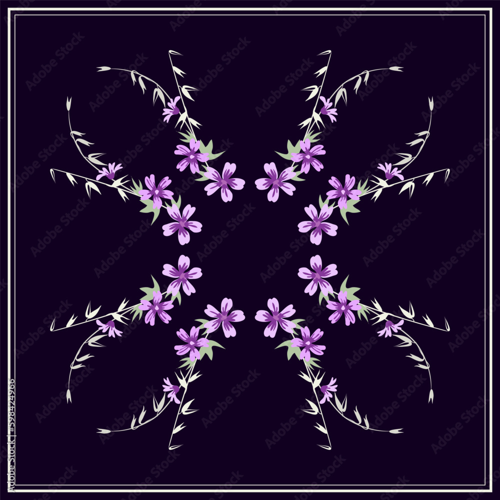 Floral pattern in a square. Scarf, hijab, tablecloth on a dark blue background ornament with small lilac-pink inflorescences, meadow flowers. Vector symmetrical pattern. Floral pattern in a square. Scarf, hijab, tablecloth on a dark blue background ornament with small lilac-pink inflorescences, meadow flowers. Vector symmetrical pattern.