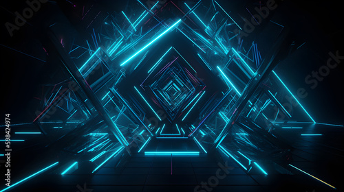 abstract geometric neon blue background ,generative ai